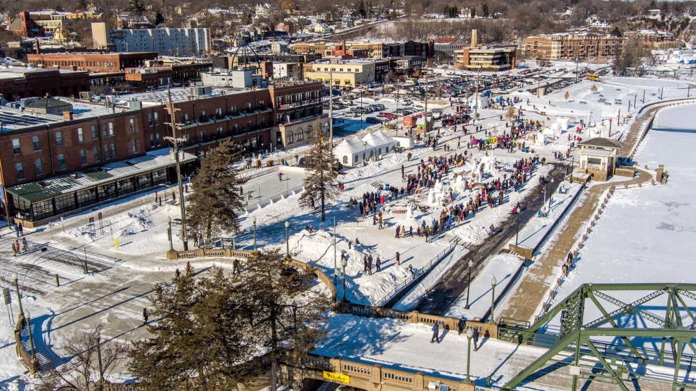 Aerial shot of 2022 World Snow Sculpting Championship in Stillwater.