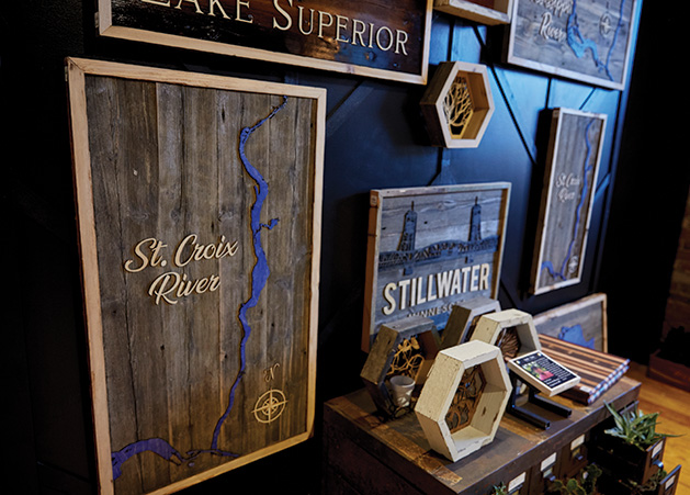 A wood-carved St. Croix River sign from Smith + Trade Mercantile