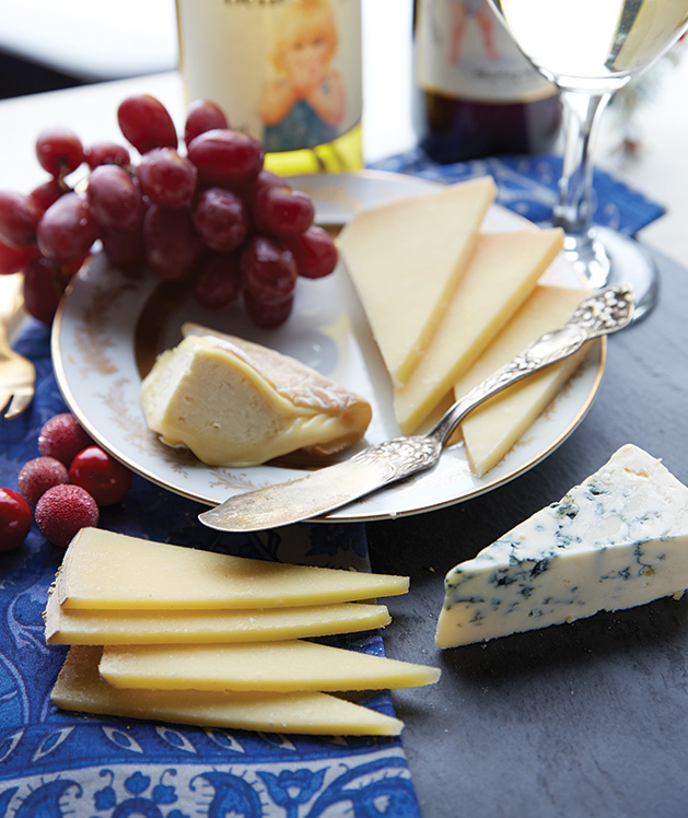A cheese plate and wines from Belle Vinez Winery, a winery in the St. Croix Valley.