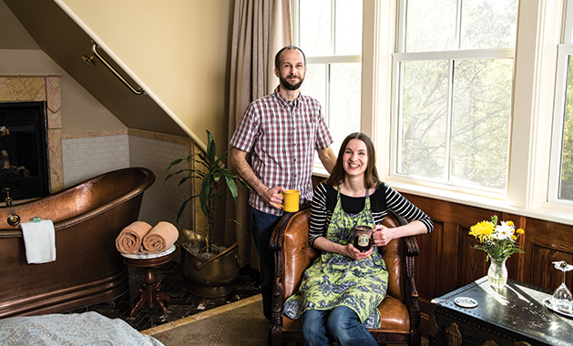 Owners Jeremy and Erin Drews have transformed what was once the servants' quarters into a multi-room suite, complete with copper tub that fills from the ceiling (at left).