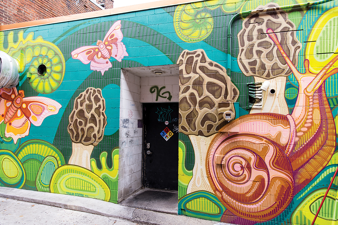 Mushrooms, butterflies and snails are larger-than life in a mural by Taylor Berman of New Richmond, Wisconsin.