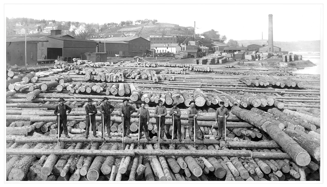 Stacked logs owned by the Bronson and Folsom Company on the Stillwater levee near Mulberry Point in 1904. This is approximately where P.D. Pappy’s restaurant is located now.