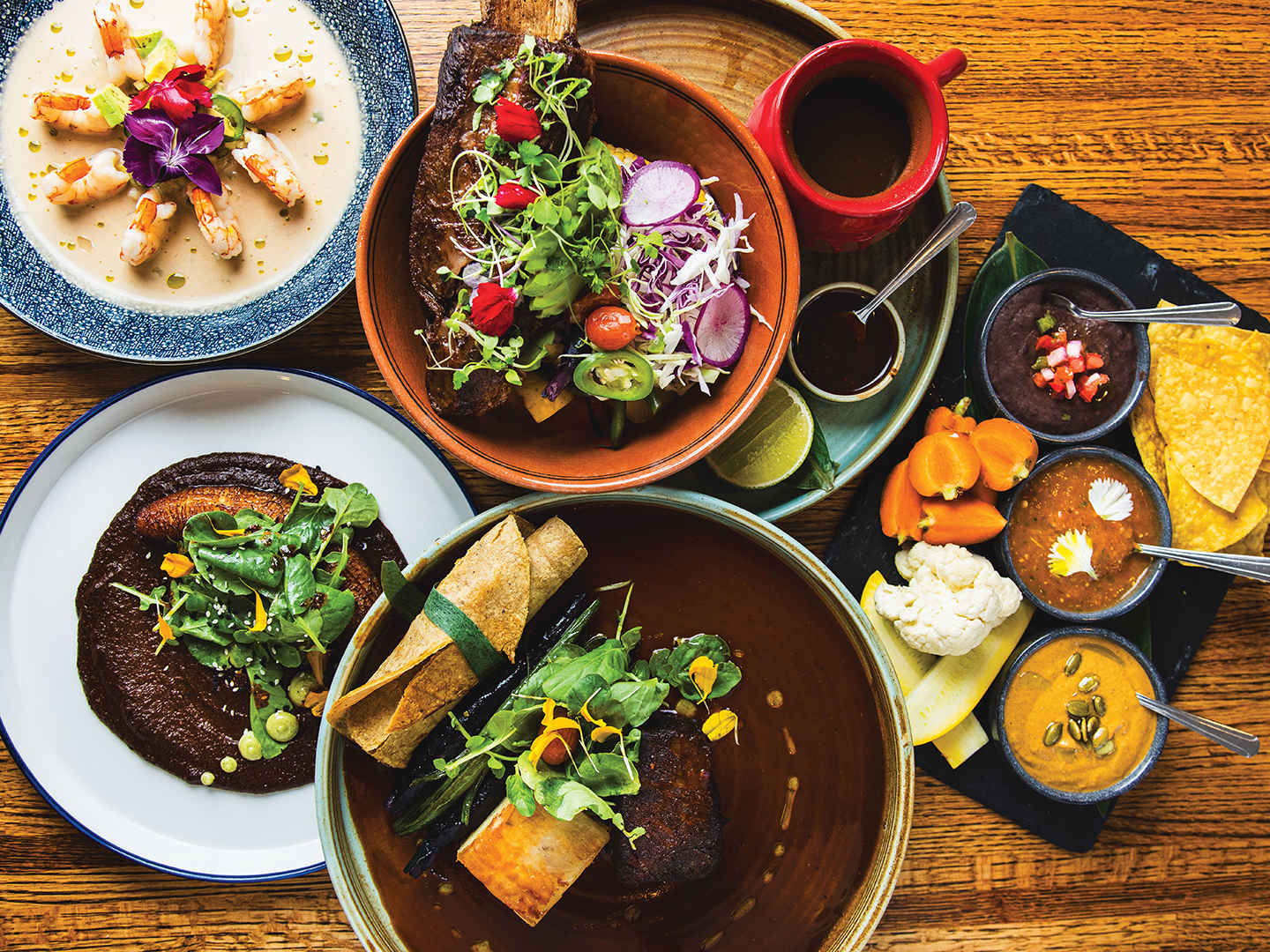 From left to right: Aguachile, Caldo de Res, Sikil Pak, Mole Negro and Hilachas