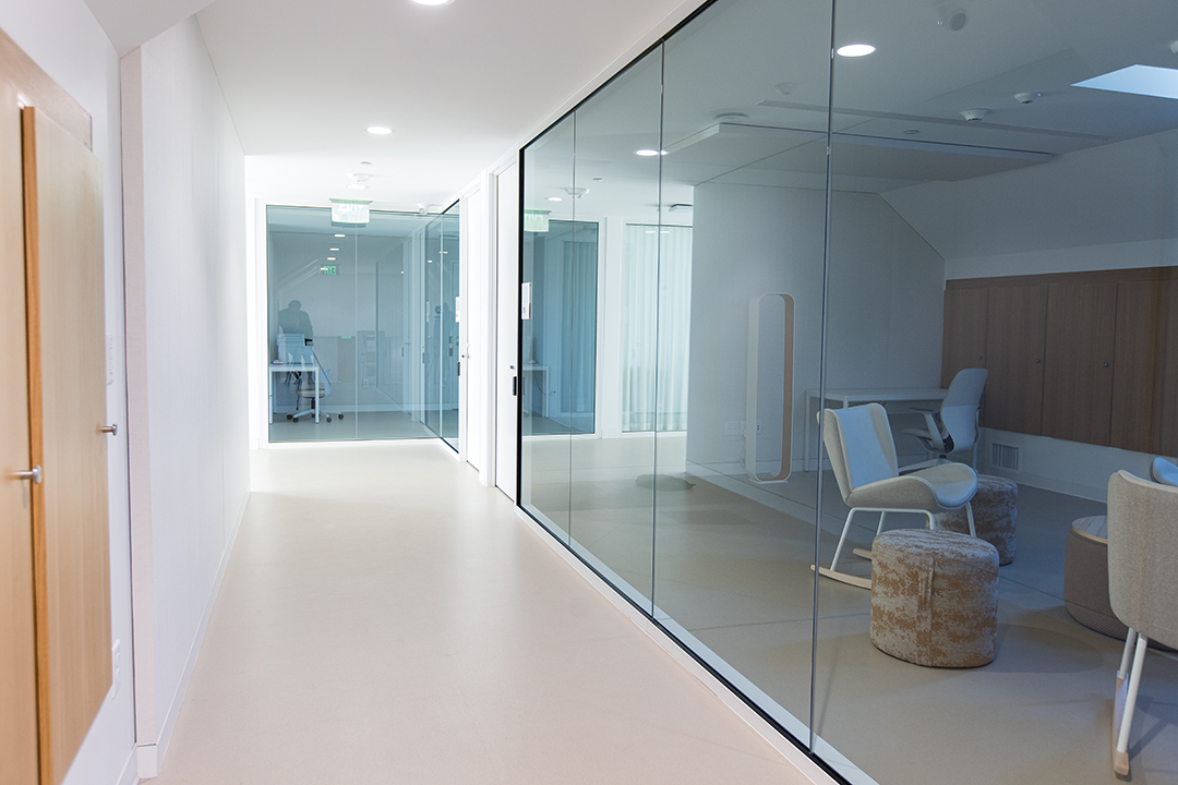 Flex spaces throughout the build-ing feature skylights and glass walls.