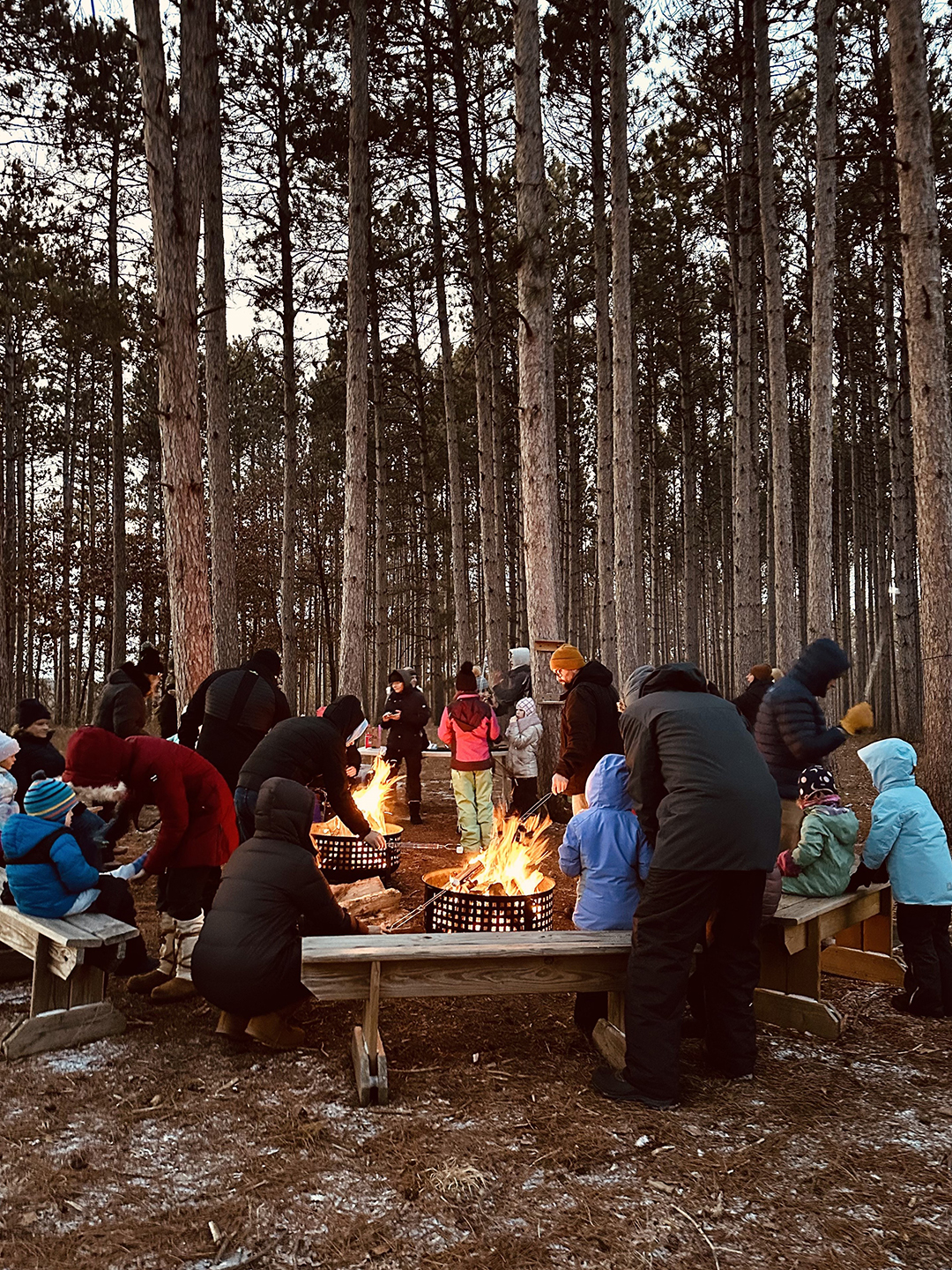 Families making s'mores around a campfire.