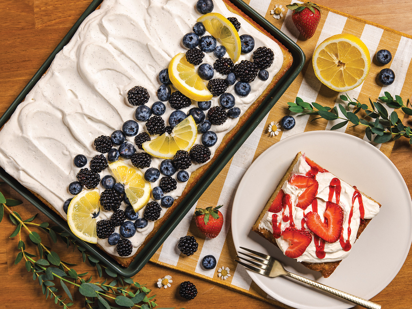 Berries add beauty, color and flavor to all our favorite summer desserts. For an easy crowd-pleaser, top a sheet cake with whipped cream and an assortment of in-season berries.