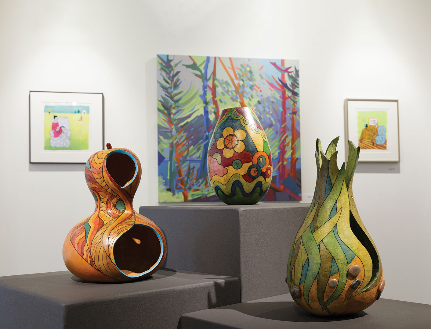 Gourd artist Kristen Treuting joined Kristen Palm and Carrie Price Schwert in the “Color Stories” exhibition at Hudson Art Gallery in summer 2025.