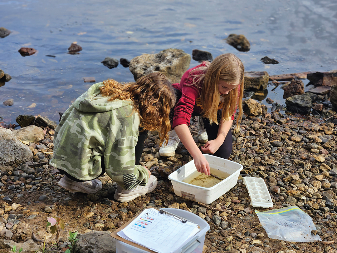 Two girls look for aquatic insects at Carpenter Nature Center