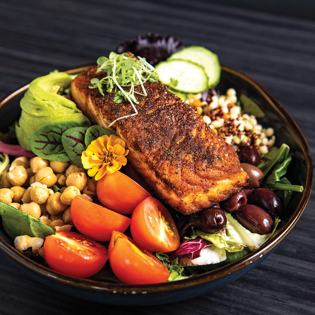The Protein Bowl topped with wild-caught salmon from Norway.