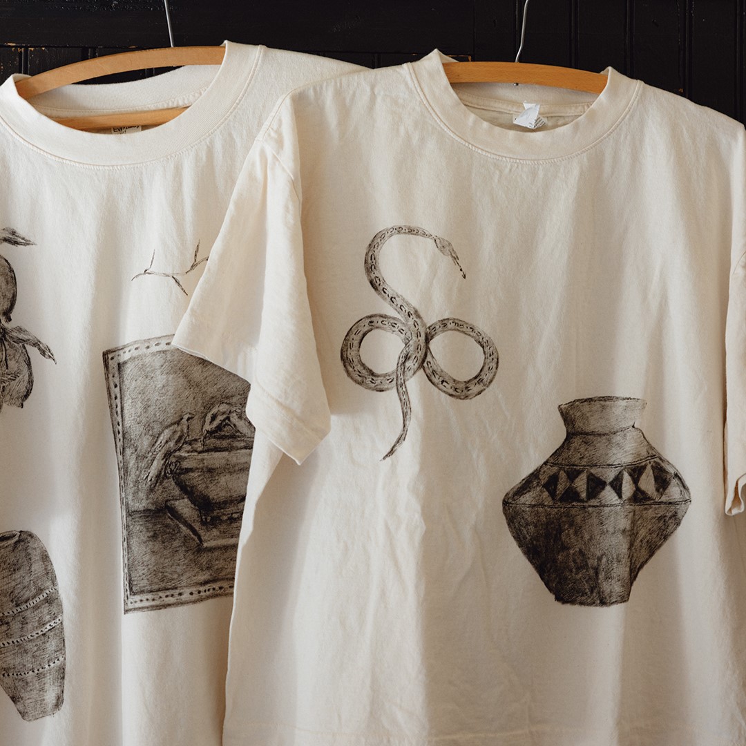 Much of Alexis Stiteler’s work features hand-drawn illustrations on natural fibers.